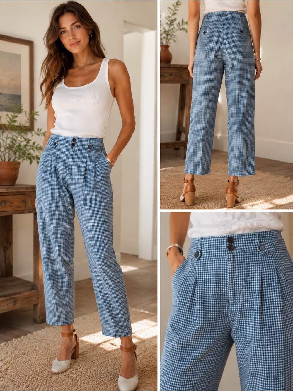 Sundance Blue Gingham High-Waist Cropped Straight Leg Pleated Linen Pants Size 6